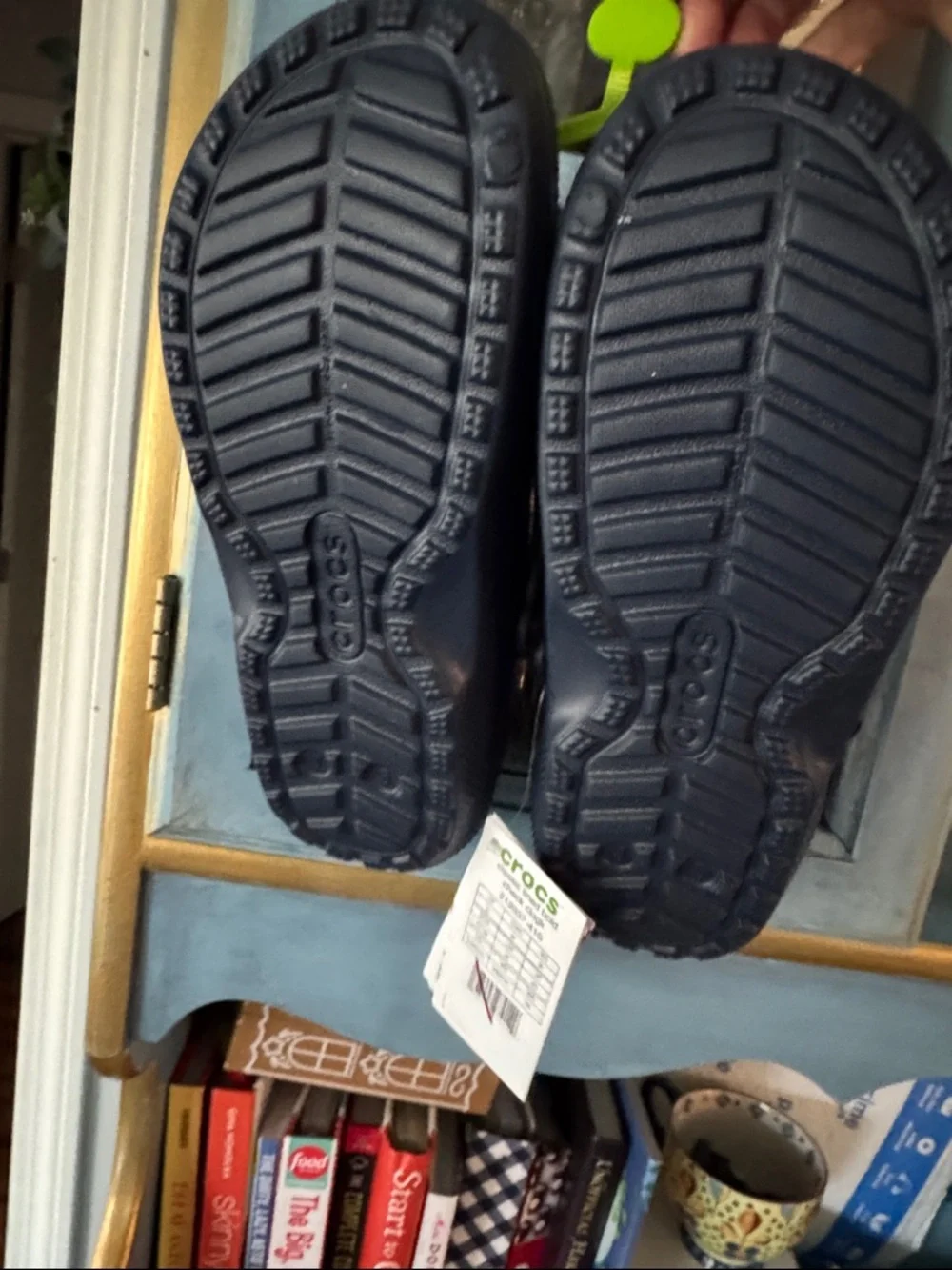 CROCS Kids Black Clog with Green & Blue Plaid Fleece Lining